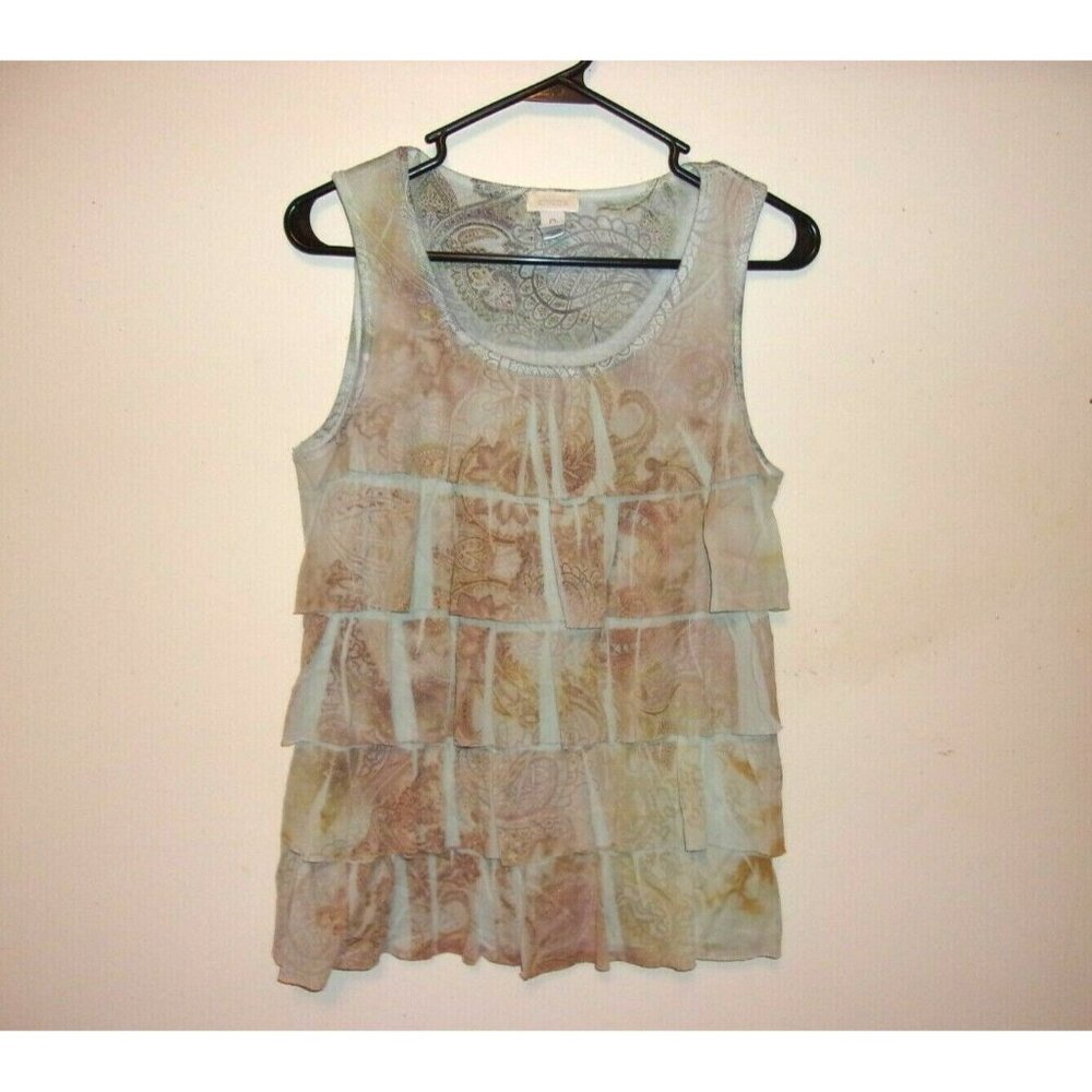 Chico's Tiered Paisley Tank Top Green Brown Sleeveless Ruffle Size 0 S 4